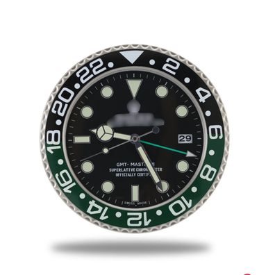 Wanduhr Rolex GMT-Master 2 Sprite Schwarz Grün Stahl Dealer Display 34cm Oyster
