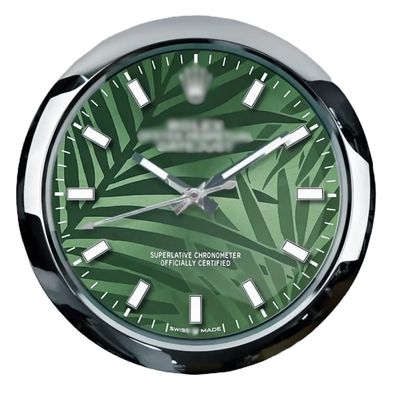 Wanduhr Rolex Oyster Perpetual Grün Palmen Zifferblatt Stahl Dealer Display 34cm