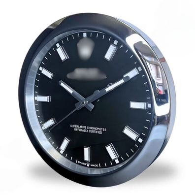 Wanduhr Rolex Oyster Perpetual Schwarzes Zifferblatt Stahl Dealer Display 34cm