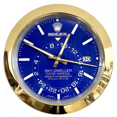 Wanduhr Rolex Sky-Dweller Date Blau Smooth Bezel Gold Dealer Display 34cm Oyster