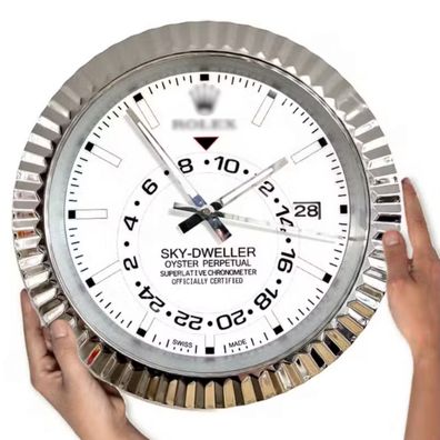 Wanduhr Rolex Sky-Dweller Date Weiß Fluted Bezel Stahl Dealer Display 34cm Oyster