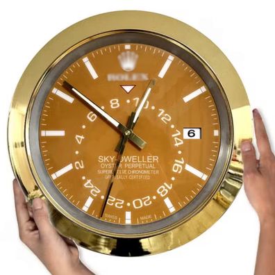 Wanduhr Rolex Sky-Dweller Date Gelb Smooth Bezel Gold Dealer Display 34cm Oyster