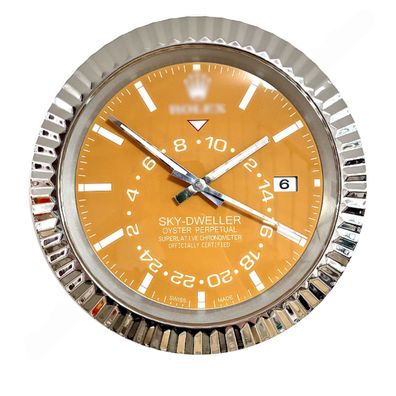 Wanduhr Rolex Sky-Dweller Date Gelb Fluted Bezel Stahl Dealer Display 34cm Oyster