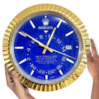 Wanduhr Rolex Sky-Dweller Date Blau Fluted Bezel Gold Dealer Display 34cm Oyster
