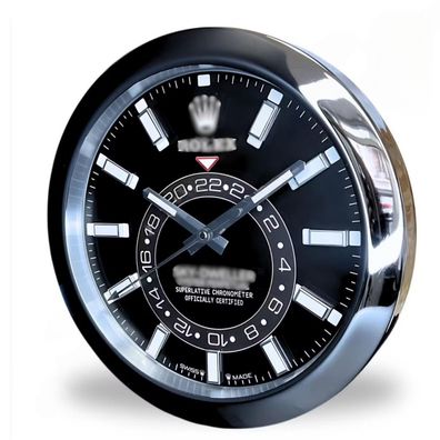 Wanduhr Rolex Sky-Dweller Schwarz Smooth Bezel Stahl Dealer Display 34cm Oyster