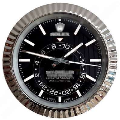 Wanduhr Rolex Sky-Dweller Schwarz Fluted Bezel Stahl Dealer Display 34cm Oyster