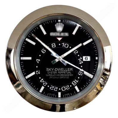 Wanduhr Rolex Sky-Dweller Date Schwarz Smooth Bezel Stahl Dealer Display 34cm Oyster