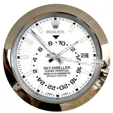Wanduhr Rolex Sky-Dweller Date Weiß Smooth Bezel Stahl Dealer Display 34cm Oyster