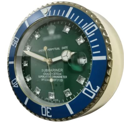 Wanduhr Rolex Submariner Blau Grünes Diamant Zifferblatt Gold Dealer Display 34cm
