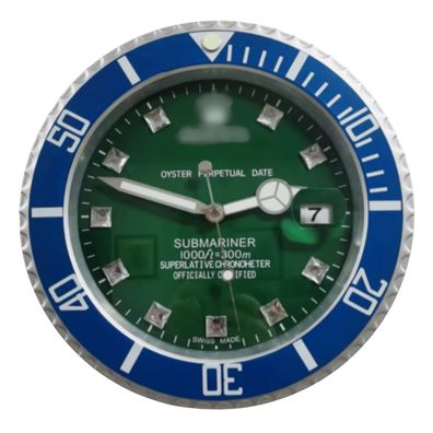 Wanduhr Rolex Submariner Grün Blau Diamant Zifferblatt Gold Dealer Display 34cm