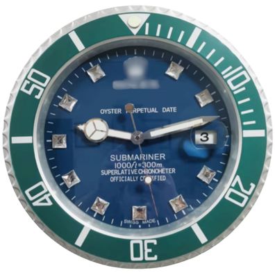 Wanduhr Rolex Submariner Blau Grünes Diamant Zifferblatt Stahl Dealer Display 34cm