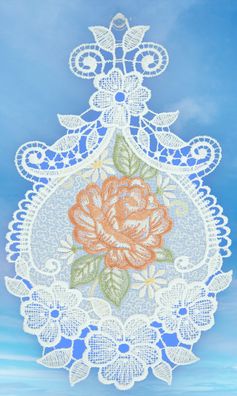 Fensterbild Sommer Plauener Spitze Fensterdekoration Spitzenbild Stickerei Rose Lachs