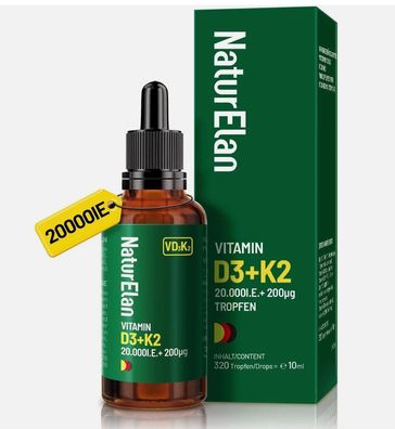 Vitamin D3 + K2 Tropfen -Hochdosiert:20.000 I.E. D3 + 200?µg K2 MK7-Ohne Zusätze