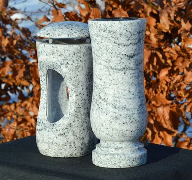 Grablaterne mit Vase Grablicht Grableuchte Grabschmuck aus Granit Viscont