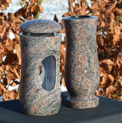 Grablaterne und Vase Grablicht Grableuchte Grabschmuck aus Himalaya Granit