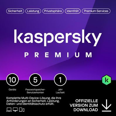 Kaspersky Premium Total Security 2026 &VPN&KPM - 10 Geräte / 1 Jahr! Versand per Mail