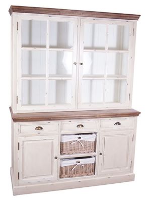 Schrankwand Marseille Buffet Holz Glas 5 Schubladen Vintage Look creme weiß