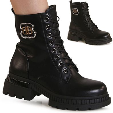 topschuhe24 3210 Damen Plateau Stiefeletten Glitzer Worker Biker Boots