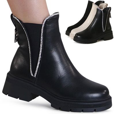 topschuhe24 3211 Damen Glitzer Stiefeletten Plateau Chelsea Boots