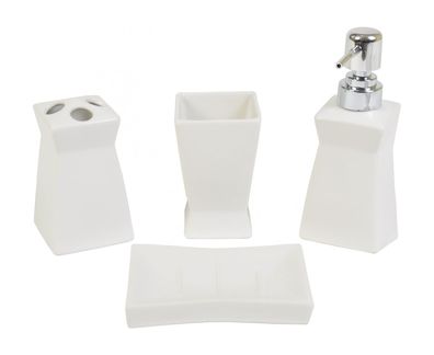 Villa Wesco Keramik Bad Set weiß 4tlg. Seifenspender Zahnputzbecher Badgarnitur