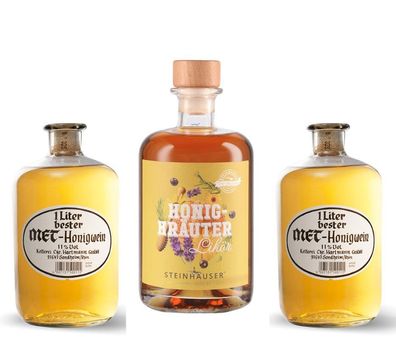 Geschenk Honig-Kräuter 0,5 L und 2x Met Honigwein je 1 L Apothekerflasche