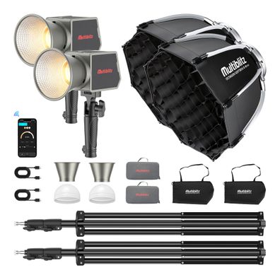 Multiblitz Set 2x Fotolicht LED 60W 2x Lampenstativ 2x Octagon Softbox Ø40cm
