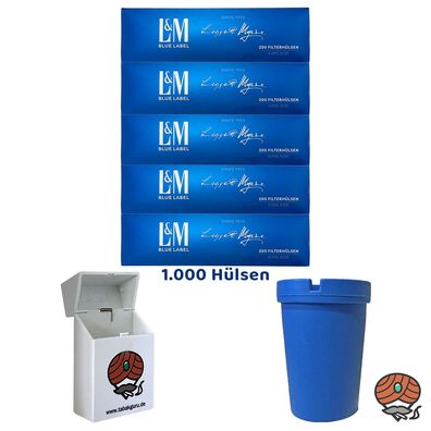 5x L&M Blau King Size Filterhülsen + Autoaschenbecher + Zigarettenbox