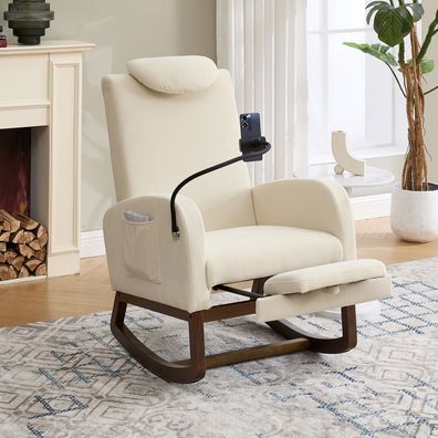 Schaukelstuhl mit hoher Rückenlehne und Kopfstütze in Beige