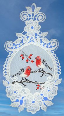 Fensterbild Weiß Plauener Spitze Fensterdekoration Winter Vögel Stickerei Rot 26 cm
