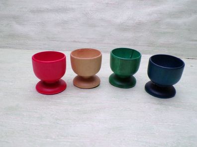 4 alte Eierbecher Holz 5cm bunt : natur grün rot blau vermutlich Erzgebirge