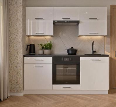 Küchenzeile Emma 180cm Weiß Hochglanz- Einbauküche 1,8 m inkl. Arbeitsplatte