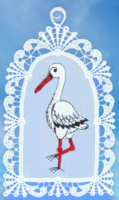 Fensterbild Weiß Plauener Spitze Fensterdekoration Geburt Baby Storch 17 cm