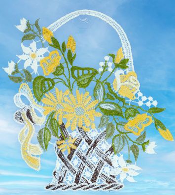 Fensterbild Sommer Plauener Spitze Fensterdekoration Spitzenbild Blumenkorb 18cm