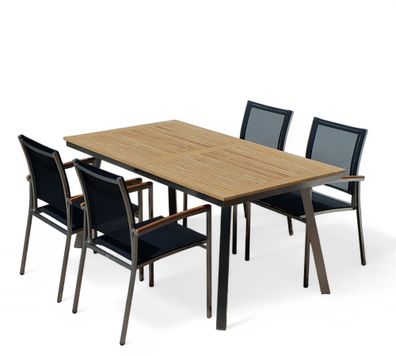 Gartengarnitur Edelstahl Teak Set: isch 160x90cm + 4 Sessel schwarz A-Grade Teak