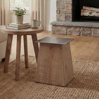 Hocker HWC-L76, Sitzhocker, Industrial Massiv-Holz, natur mit Metall-Optik