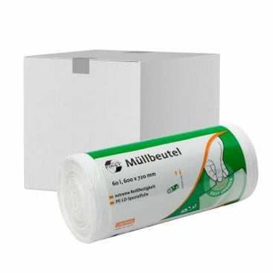 FIRST PLUS Abfallbeutel 60L Weiß LDPE 600x720mm 12my 50 Stück