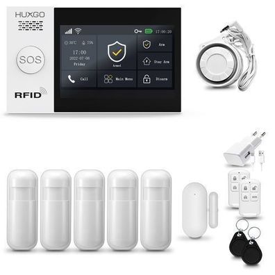 Alarm 2G, Alarmanlage Haus WiFi + GSM mit Sirene, 5x Bewegungsmelder für Haus