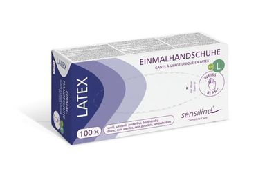 Sensilind Latex Einmalhandschuhe Weiß, Puderfrei, Gr. L (8-9) | 100 St/Box