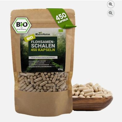 RheinNatur Bio Flohsamenschalen Kapseln 450 Stück | Hochdosiert 3000mg-Psyllium