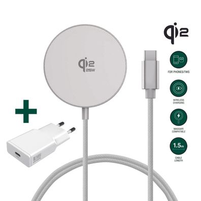 4smarts Kabelloses Lade-Set Qi2/MagSafe-kompa 25W,1,5m weiß