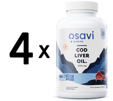 4 x Osavi Norwegian Cod Liver Oil Softgels, 1000mg (Lemon) - 180 softgels