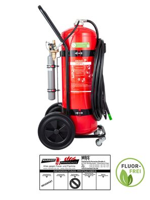Jockel 50L fluorfreier Schaum-Feuerlöscher fahrbar mit 10 m Schlauch + Plakette