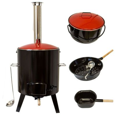 Gulaschkanone mit Kesseltopf, Pfanne und Suppenkelle, Raketenofen