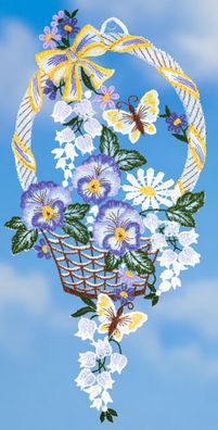 Fensterbild Frühling Plauener Spitze Fensterdekoration Stiefmütterchen Lila 32cm