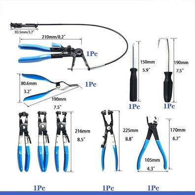 9-Piece Long Reach Hose Clamp Pliers Set - Fuel, Oil, Water Hose, Auto Tools