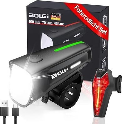 BOLEi LED Fahrradlicht Set 100 LUX StVZO zugelassen USB Aufladbar | IPX5 Wasserdicht,