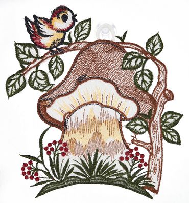 Fensterbild Plauener Spitze Fensterdekoration Herbst Spitzenbild Vogel Pilz 20 cm