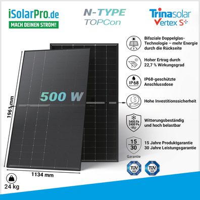 500W Trina Solar Vertex S+TSM-NEG18RC.27 Bifazial Transparent Glas/Glas