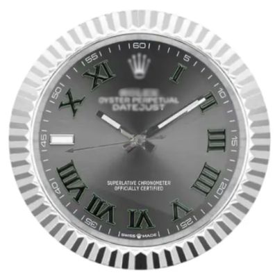 Wanduhr Rolex Datejust Wimbledon Zifferblatt Fluted Bezel Stahl Dealer Display 34cm