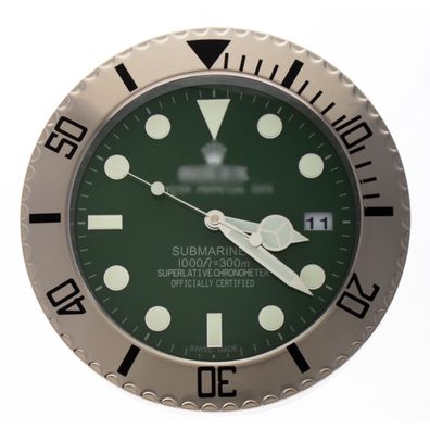 Wanduhr Rolex Submariner Hulk Grün Stahl Silber Oyster Perpetual 34cm Dealer Display